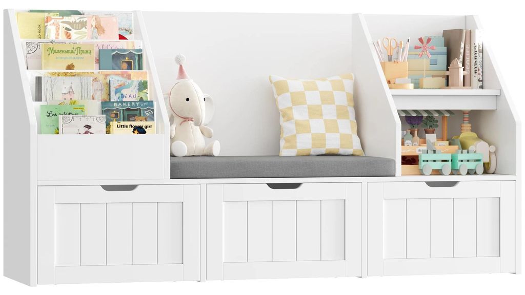Kinderregal Kinderzimmer - Spielzeugaufbewahrung und Bücherregal - 3 Aufbewahrungsboxen - 4 Ebenen - Sitzbank integriert - Holz 140x80x39,5 cm - W...