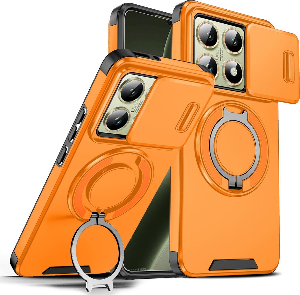 Handyhülle für Xiaomi 14T Pro Dual-Layer Stoßfest Militär Hülle mit Dia Kameraschutz und Magnetisch Ring Ständer Orange