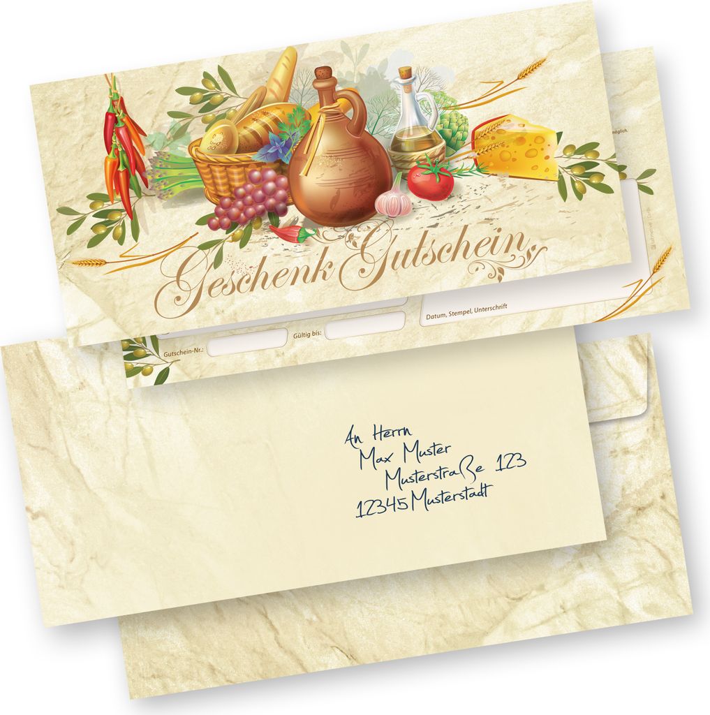 RUSTICO Geschenk-Gutscheine Gastro 25 Stück mit Umschläge Werte eintragen und stempeln, Gutscheinkarten für Gastronomie, Restaurant Pizzeria ita...