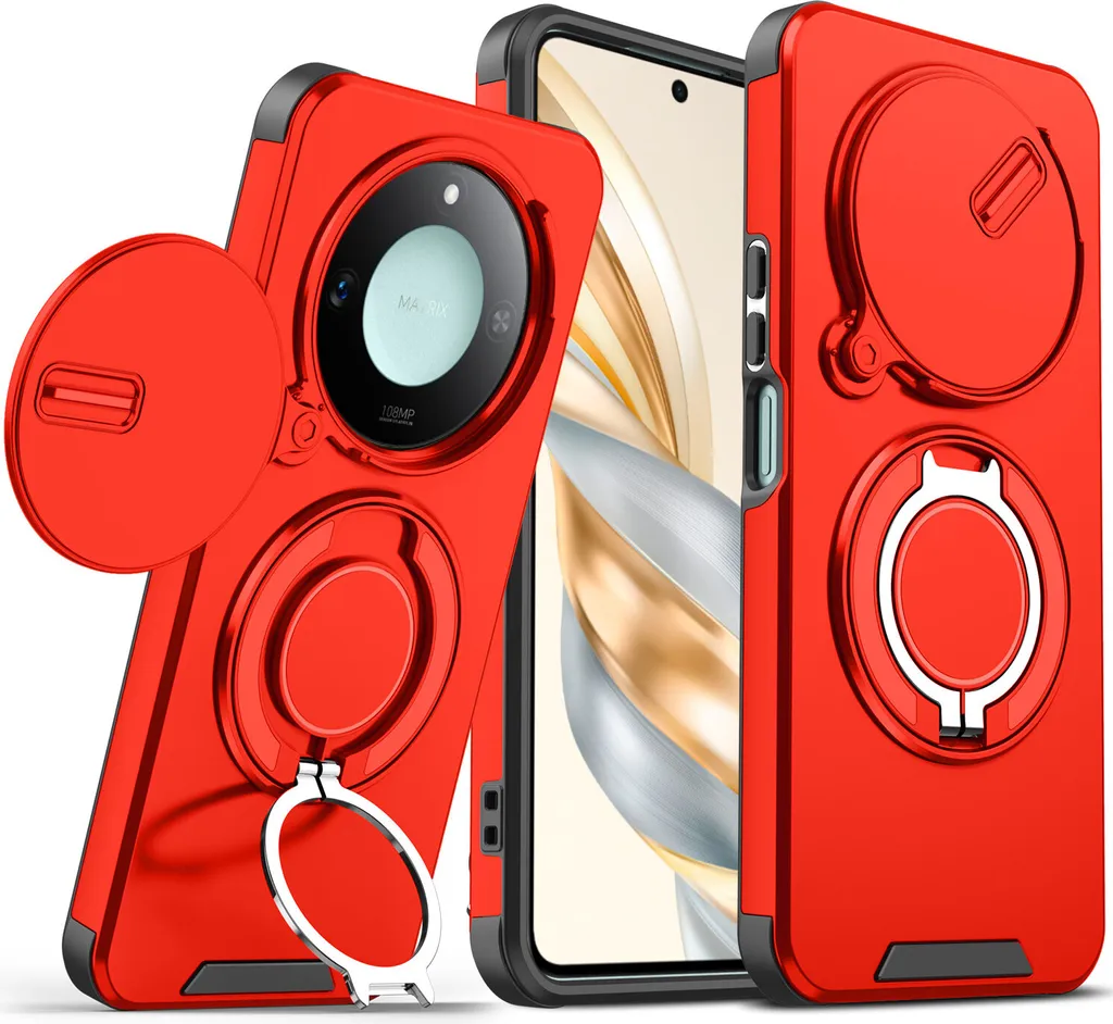 Custodia a doppio strato per Honor X9C Smart, con copertura scorrevole della fotocamera e supporto ad anello magnetico Rosso