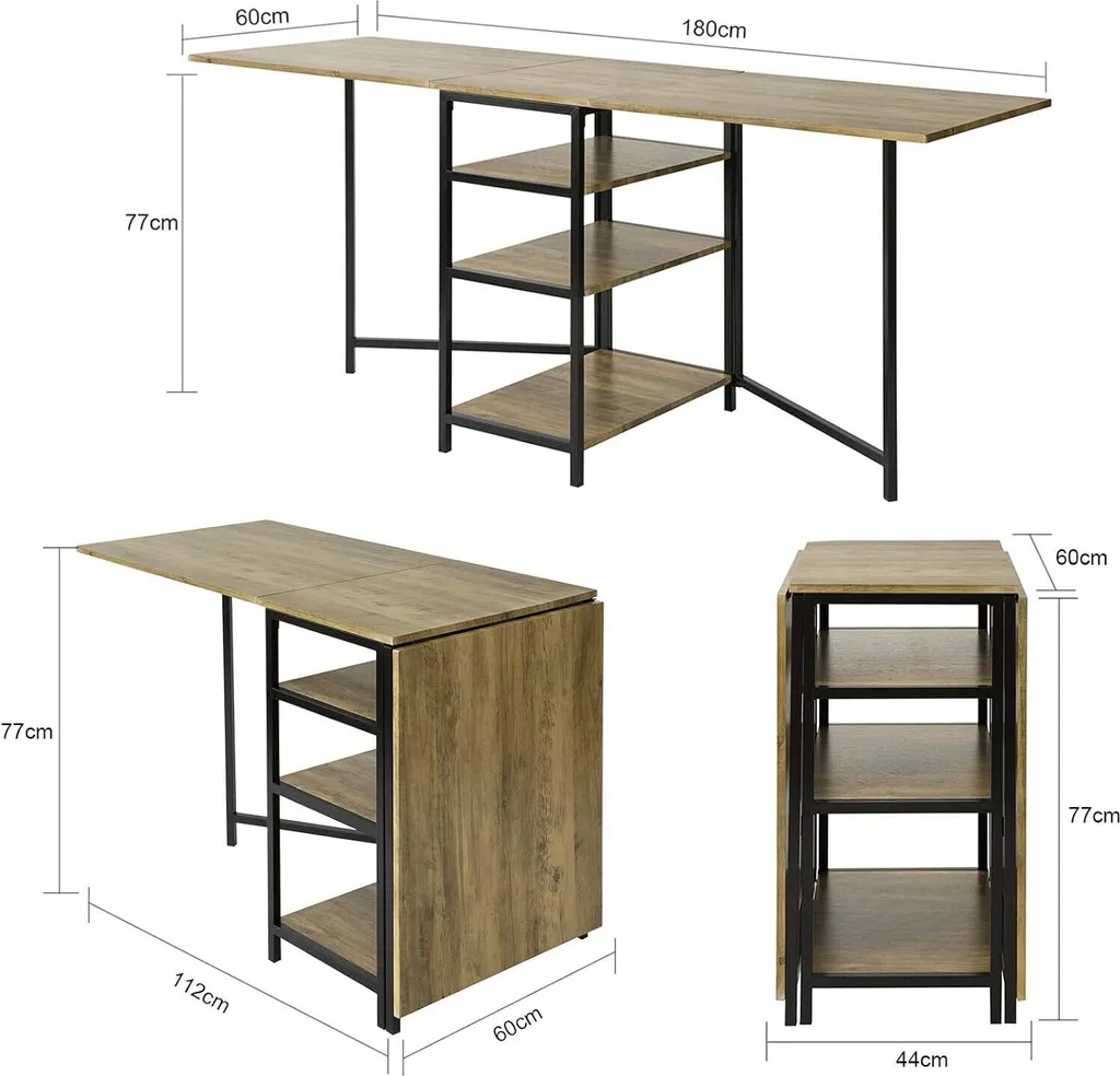 Table de repas pliante 180cm modulable avec 3 étagères de stockage gris