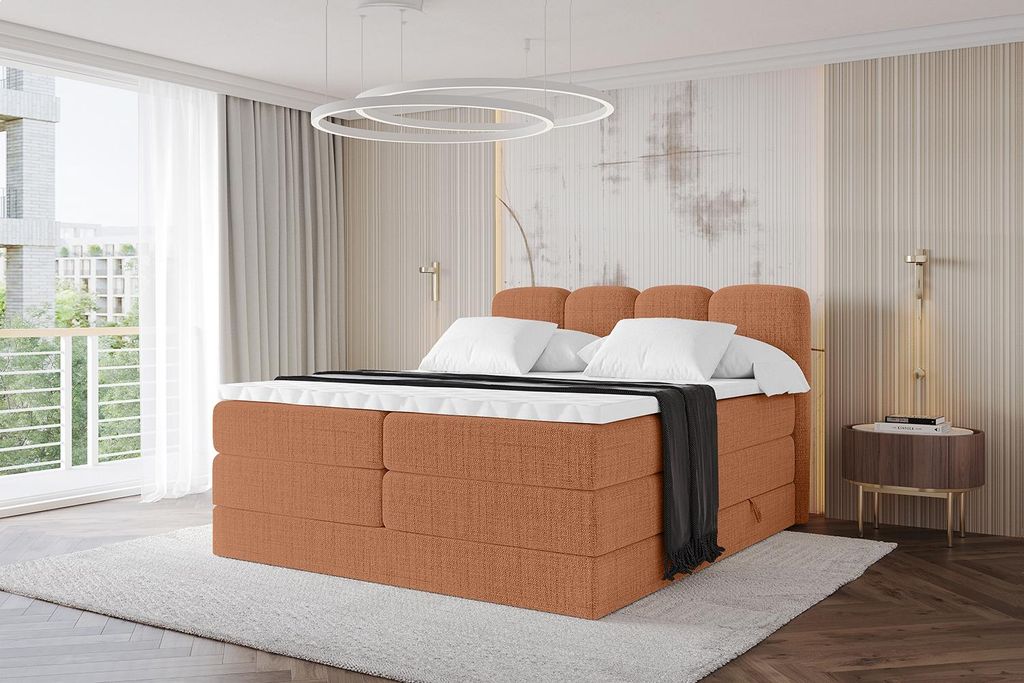 ALTDECOR Boxspringbett - NINA KING - 200x200 Apricot Aragon- Komplett-Set mit H3 und H4 Matratzen und Topper, Polsterbett mit Bettkästen, Lattenro...