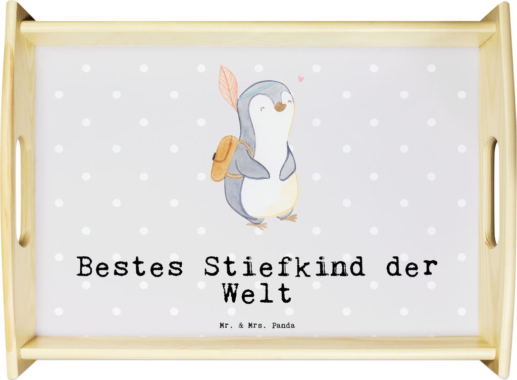Mr. & Mrs. Panda Tablett Pinguin Bestes Stiefkind der Welt - Grau Pastell - Geschenk, Geburt, Geschenkidee, für bett, Taufe, Dekotablett, sofatabl...