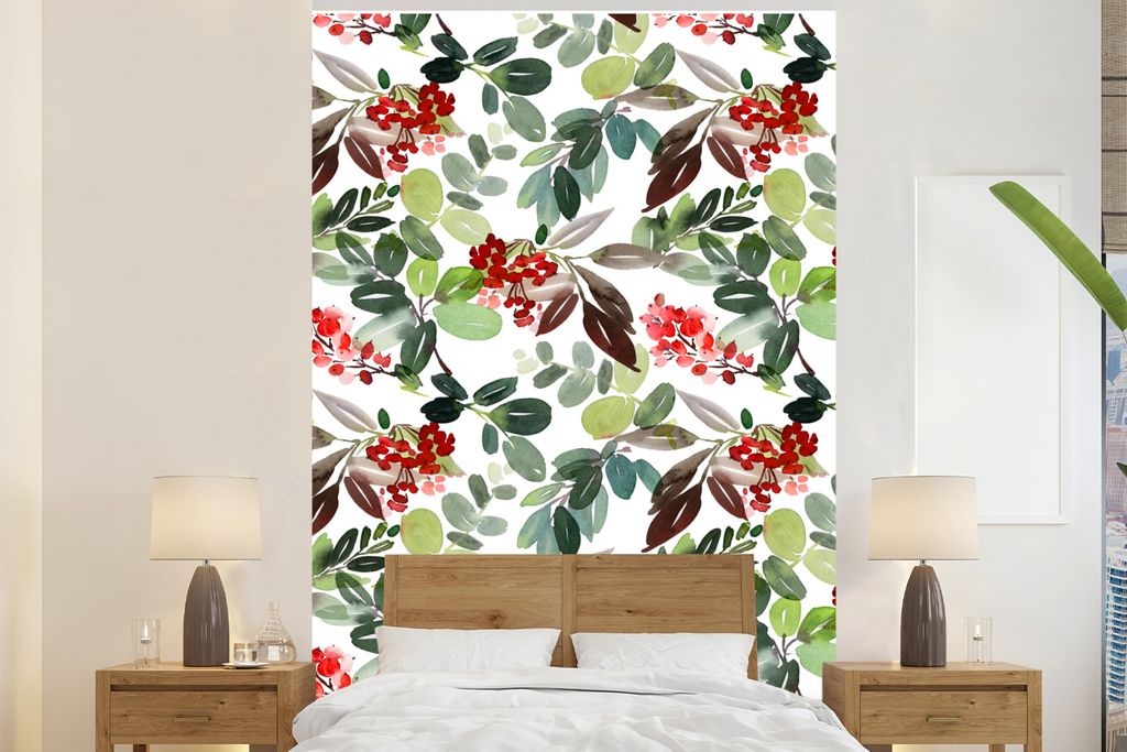 MuchoWow Fototapete für Wohnzimmer oder Schlafzimmer Wandtapete Vinyl Motivtapete Beeren - Aquarell - Rot - 200x300 cm - Wanddekorationen