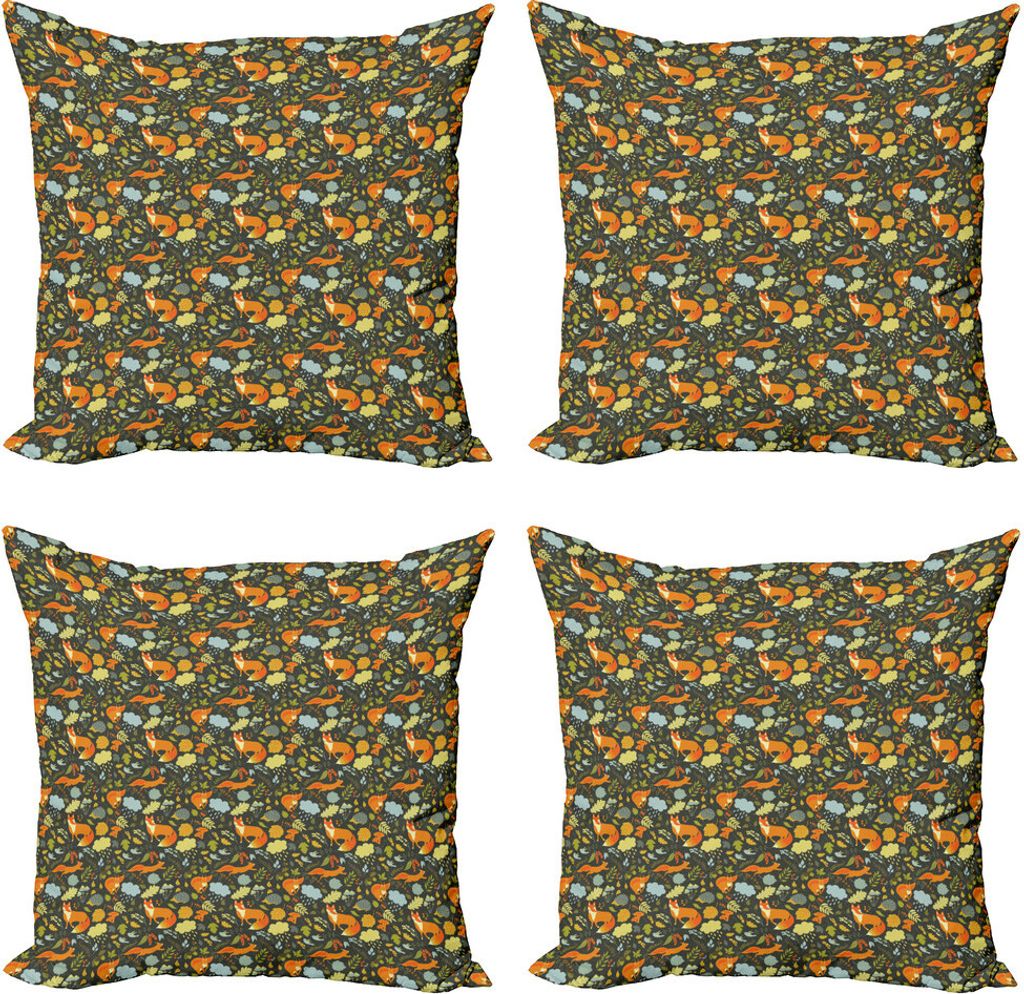 ABAKUHAUS Wald Kissenbezug Set (4 Stück), Wald Fauna Fox Vögel, Moderner Doppelseitiger Digitaldruck, 50 cm x 50 cm, Mehrfarbig