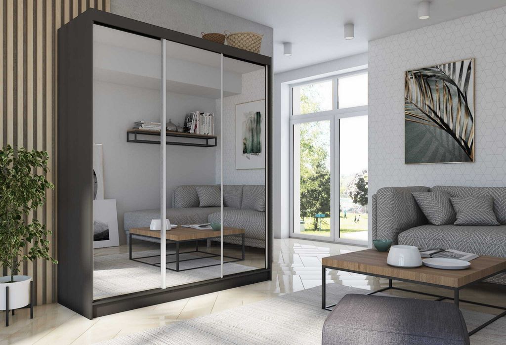 AGMAT Schwebetürenschrank Bora, Kleiderschrank mit 3 Türen und 2 Schubladen, Moderne Garderobe in Farbe: Schwarz, Schrank in Größe: 180 x 216 x...