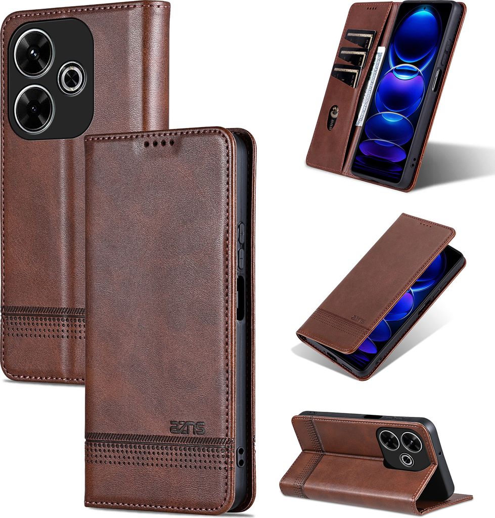 Leder Hülle für Xiaomi Redmi 13 4G, Klapphüllen Brieftasche Magnetverschluss Ständer Schutzhülle Kaffee