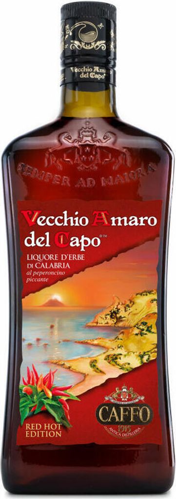 A bottle of Vecchio Amaro del Capo Red Hot Edition liqueur.