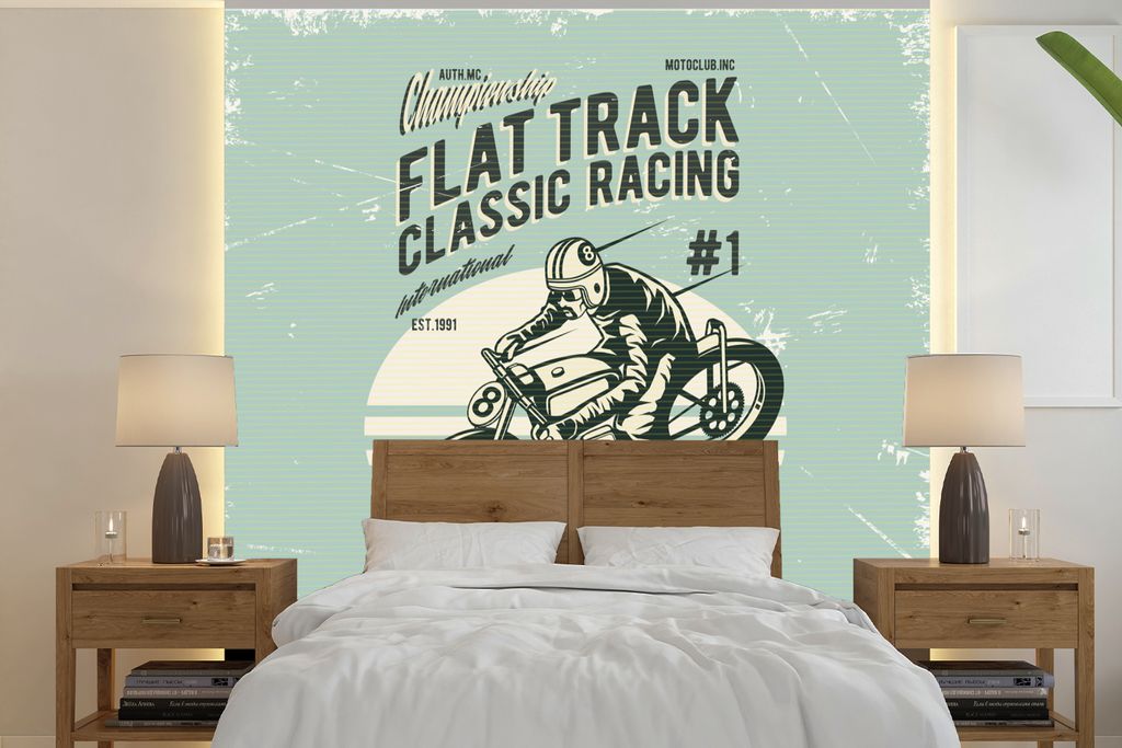 MuchoWow Fototapete für Wohnzimmer oder Schlafzimmer Wandtapete Vinyl Motivtapete Motorrad - Rennen - Retro - 220x220 cm - Tapeten