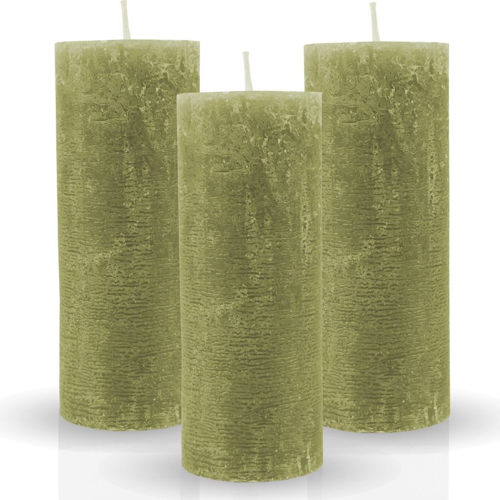 Rustikale Stumpenkerze 3er-Pack "Olive" vers. Farben/Größen - lange Brenndauer Antik Kerze, Duftfreie Altarkerze - Dekokerze, Adventskerze