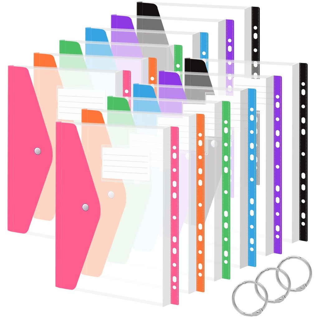 12 transparente A4-Dokumentenmappen zum Archivieren, erweiterbar mit 11 Perforationen und Schnappverschluss zur Dokumentenorganisation – 6 Farben