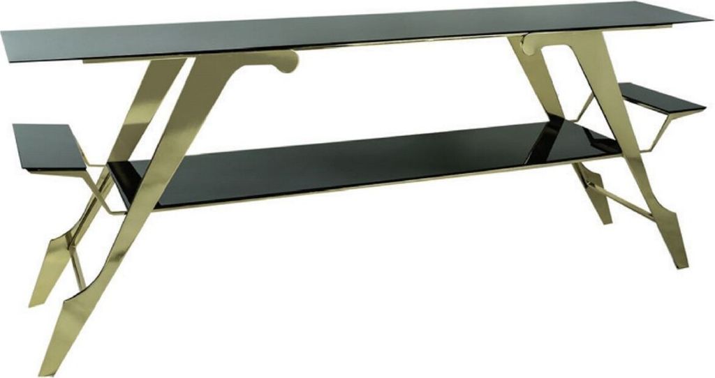 Casa Padrino Luxus Konsole Gold / Schwarz 192 x 41 x H. 81 cm - Rechteckiger Konsolentisch mit Glasplatten - Luxus Möbel - Wohnzimmer Möbel - Lux...