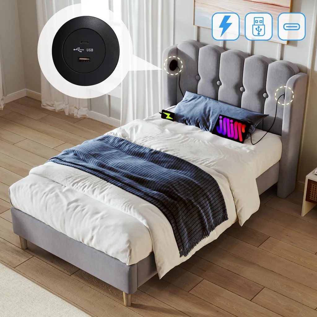 Lit rembourré 90x200 cm gris avec ports USB Type C et sommier à lattes