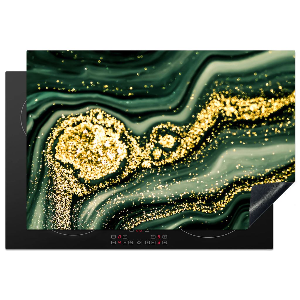KitchenYeah Herdabdeckplatte Marmor - Gold - Glitter - Grün - Marmoroptik - Luxus , 76x51cm, Küche Deko, Glaskeramikkochfeld Herdabdeckung, Abd...