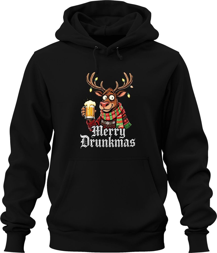 Merry Drunkmas Rentier mit Bier Weihnachten lustig Geschenk Party Uni Hoodie Kapuzenpullover, Schwarz, L