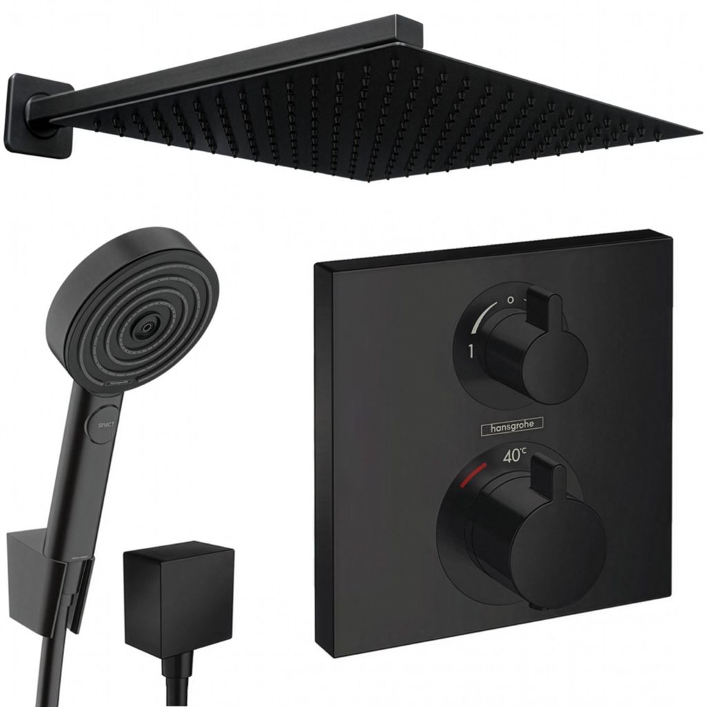 Hansgrohe und Jowi Unterputz Duschsystem Ecostat Square Thermostat, Schwarz, Duscharmatur mit Kopfbrause, OHNE iBox