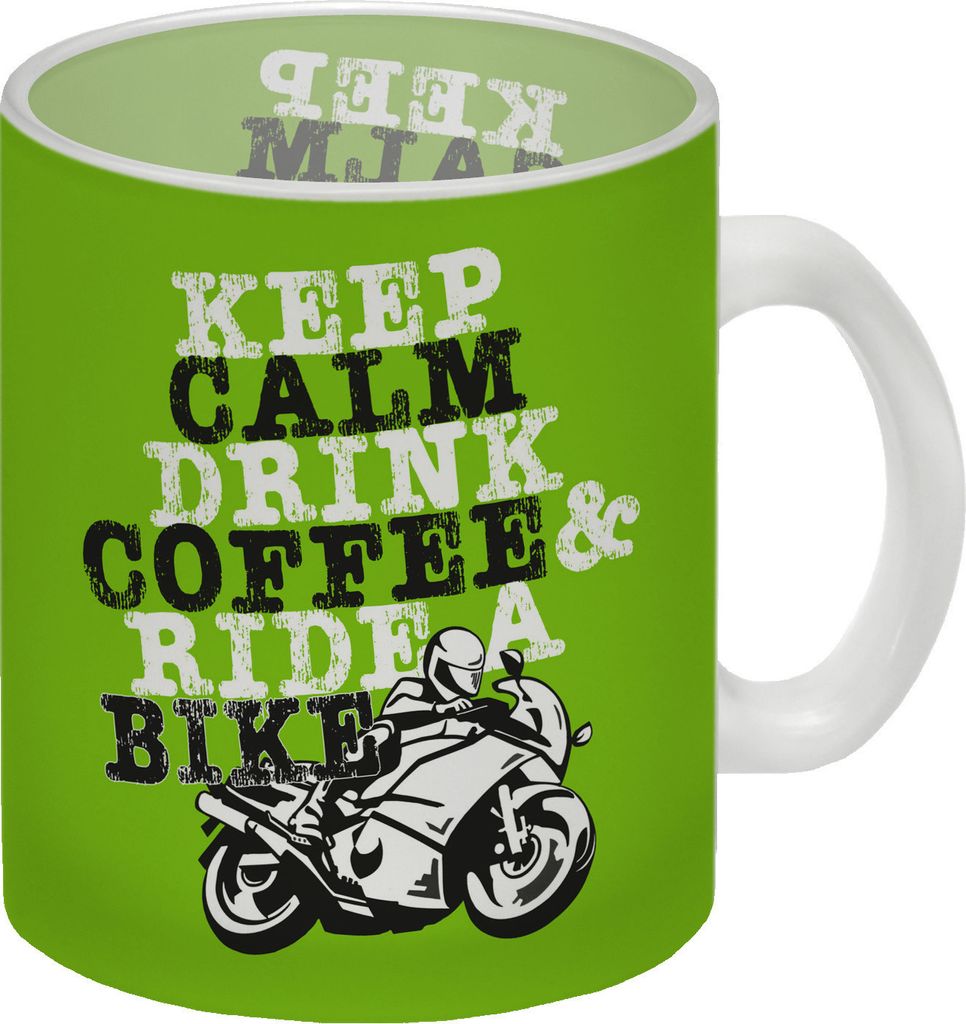 Keep calm & ride a bike Glas Tasse Kaffeebecher zum Thema Motorradfahren