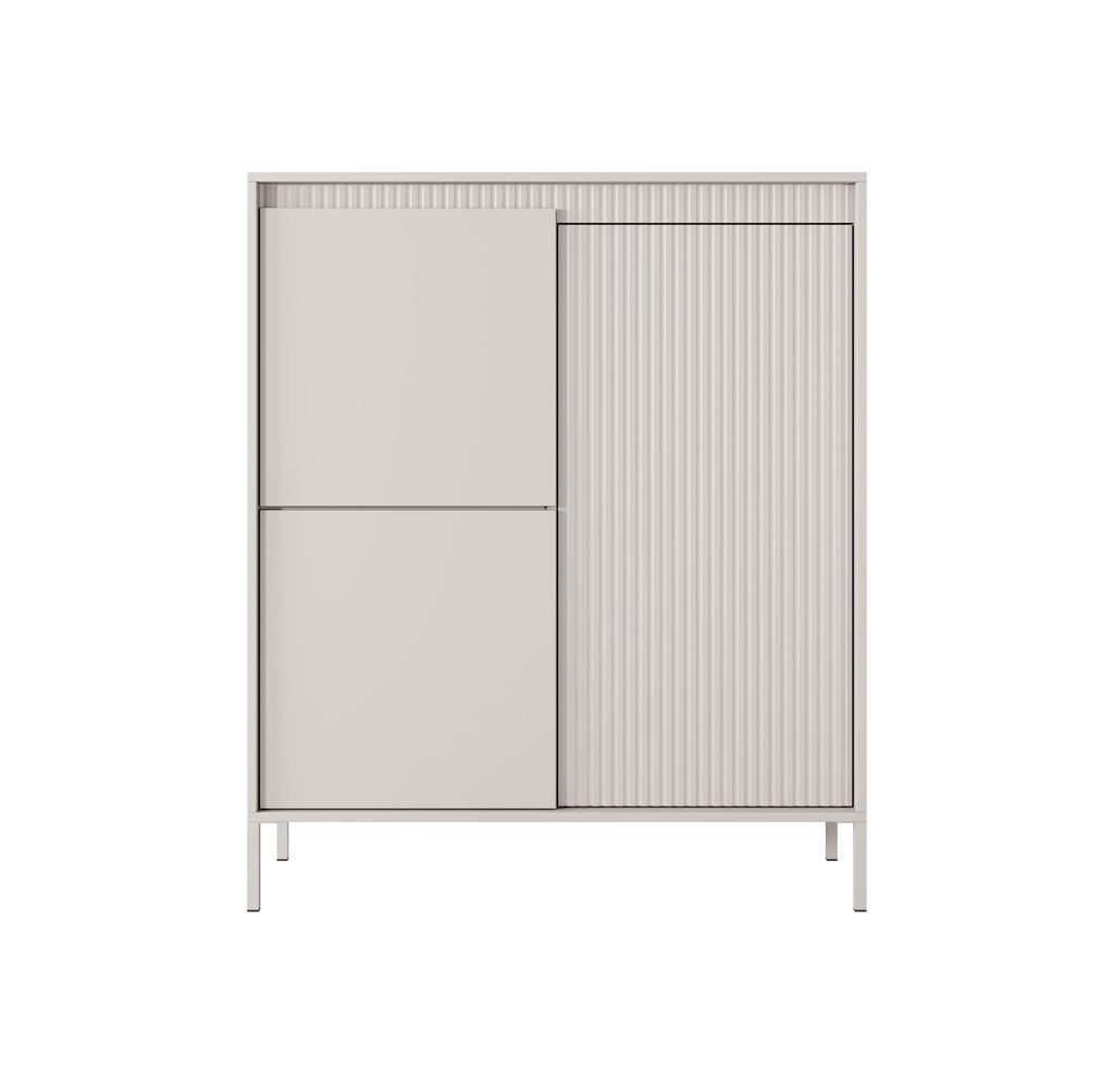 Hohe Kommode SENSO 3D – Beige, Riffeloptik, Push-to-Open, Metallfüße