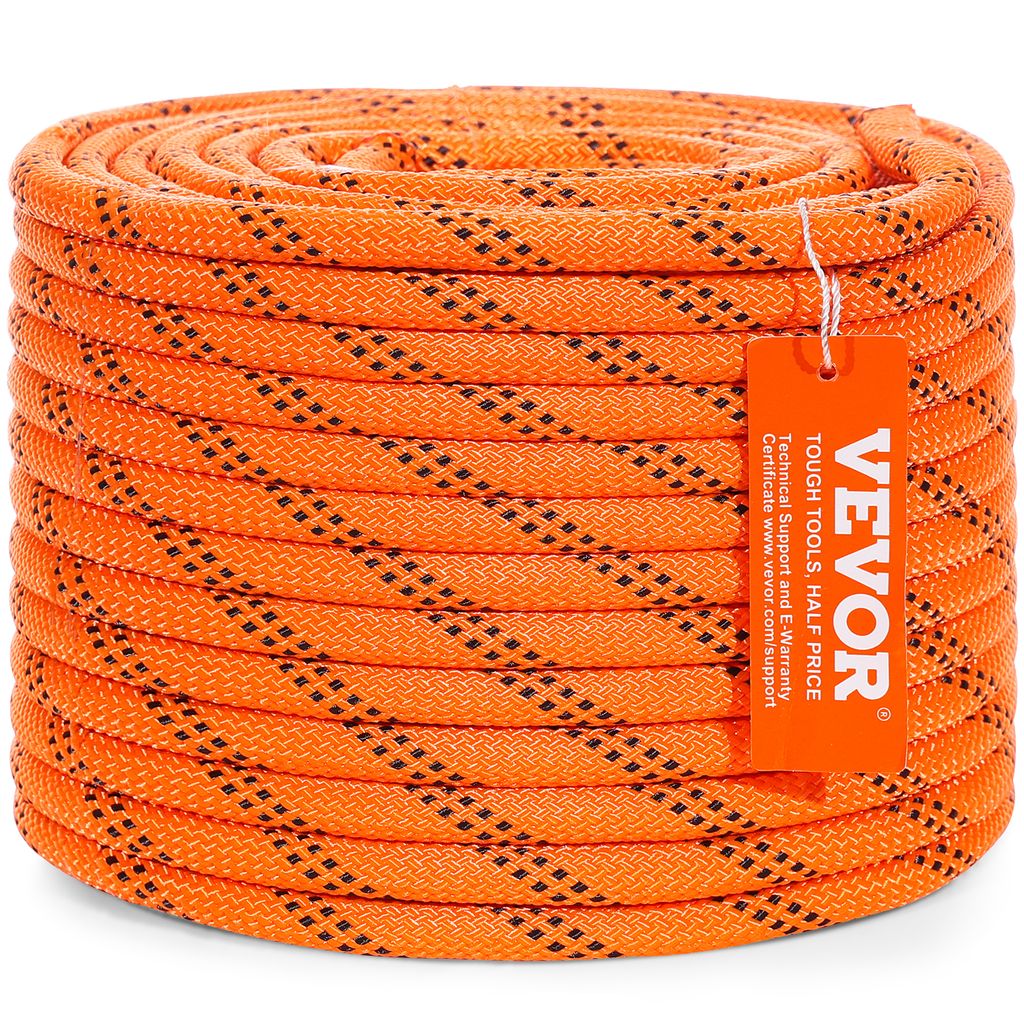 A tightly coiled rope, predominantly orange with black diamond patterns, lies on a white background. An orange tag with white text is attached to the rope.