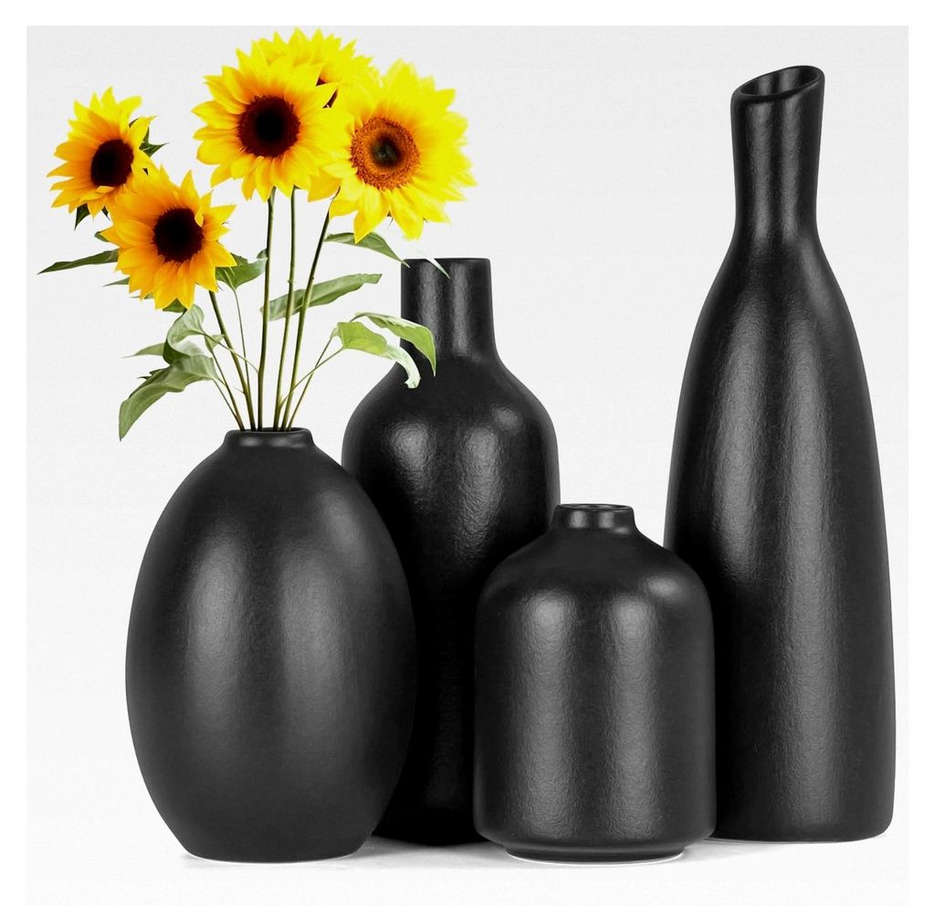 4-teiliges Keramikvasen-Set, Schwarz, Kleine Blumenvasen für Dekoration, Moderne rustikale Bauernhaus-Dekoration, Matte Vasen für Trockenblumen, ...