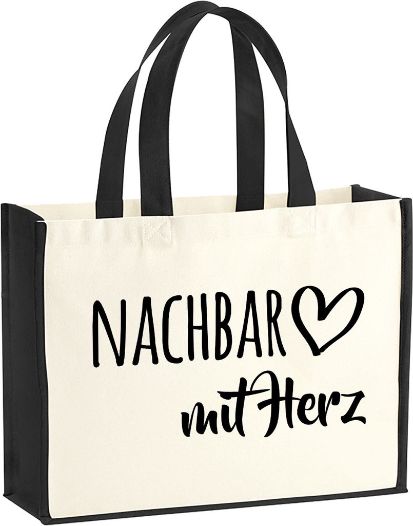 Huuraa Jutetasche Nachbar mit Herz 21 Liter Black Jute und Baumwolle Einkaufstasche Geschenkidee
