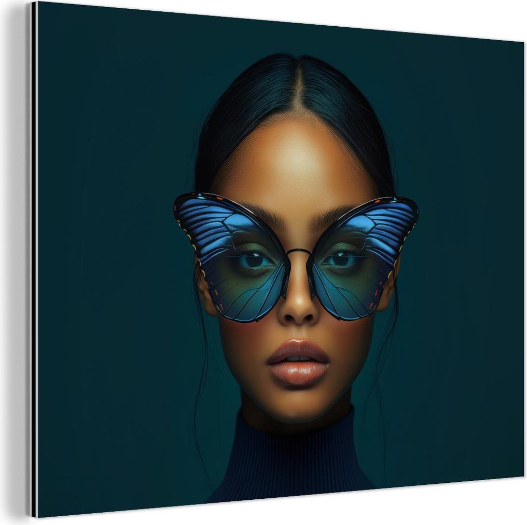 MuchoWow Wanddekoration Metall Metallbild Wandkunst 80x60 cm Frau - Schmetterling - Brille - Blau - Modern - Porträt MuchoWow Aluminium Gemälde -...