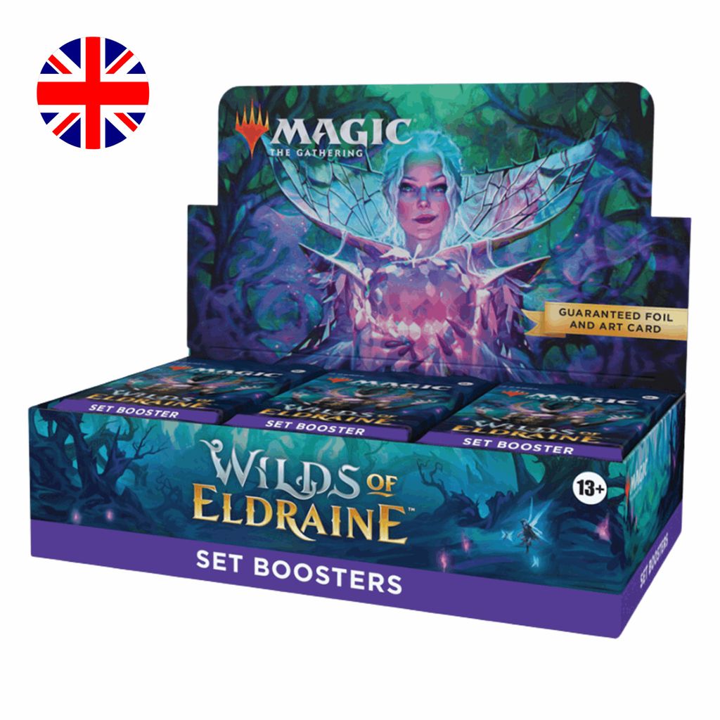 A display box of Magic: The Gathering 'Wilds of Eldraine' Set Boosters.