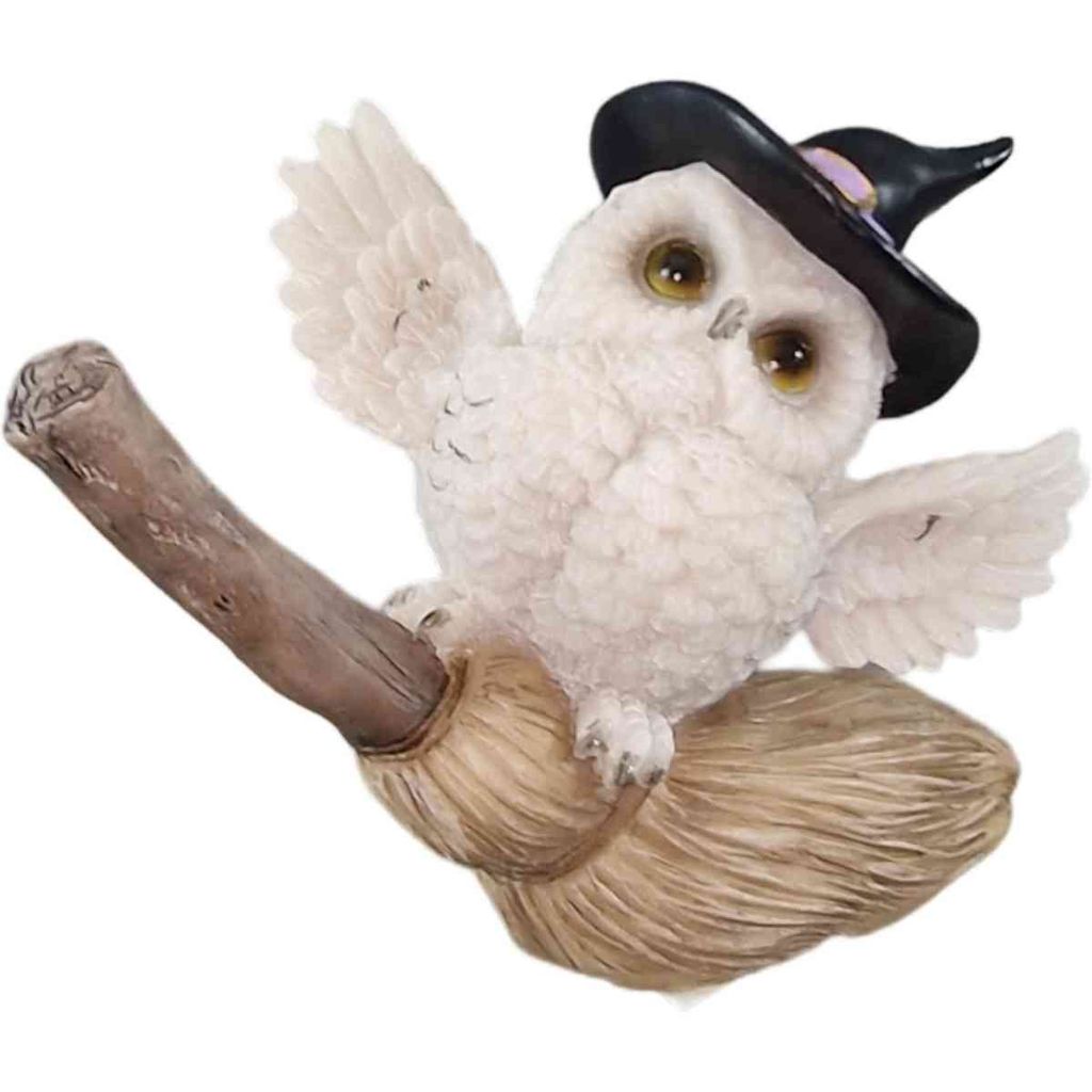Zaubereule auf Besen 14 cm Figur Eule Uhu Okkult Pentagramm Witch