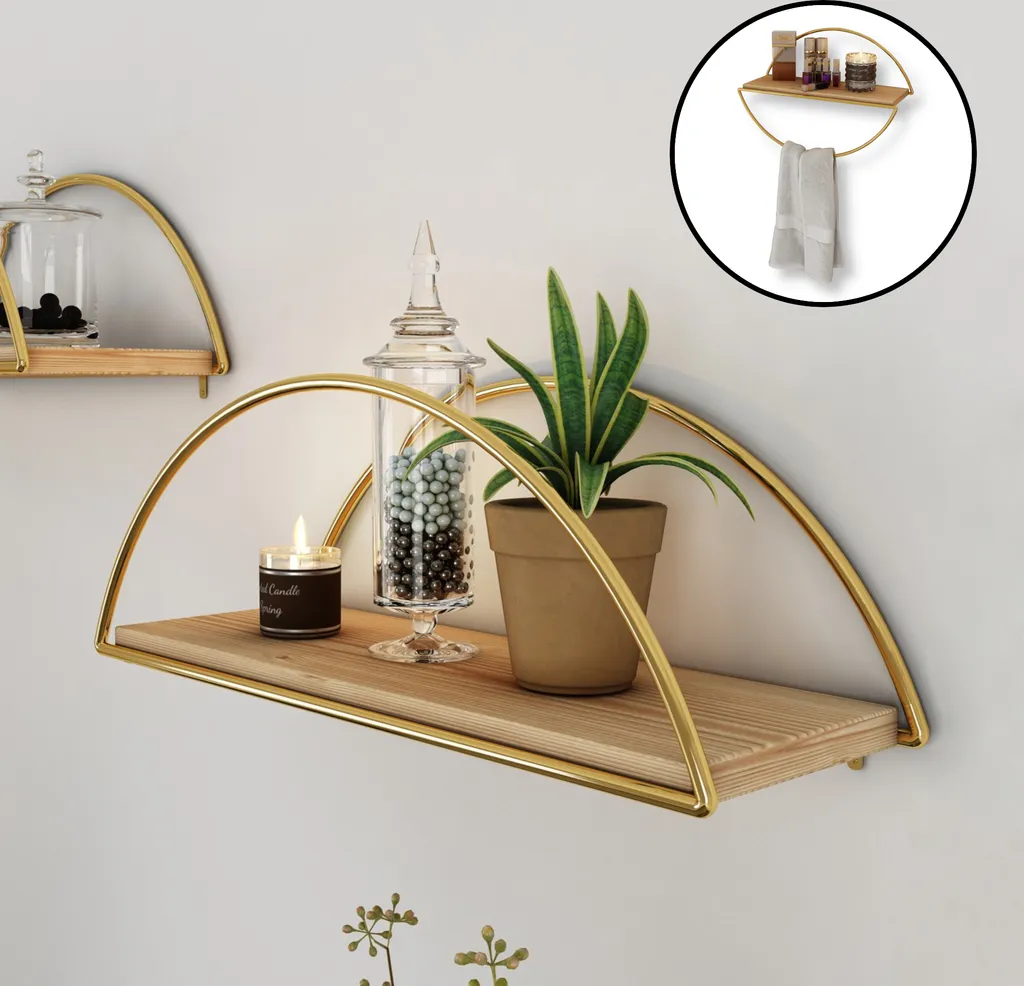 Étagère murale Mynämäki cadre pliable métal doré et bois 39 x 17 cm