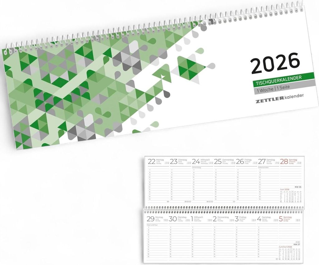 Zettler Tischquerkalender 1W/1S 2026 29,6x9,9 cm grün 1 Wo. Produktbild 