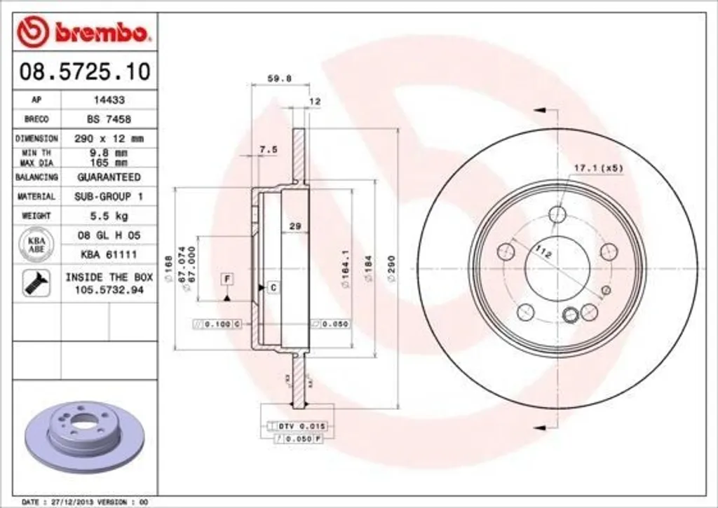 Disque de frein Brembo 08.5725.10 Haute Teneur en Carbone Mercedes W140
