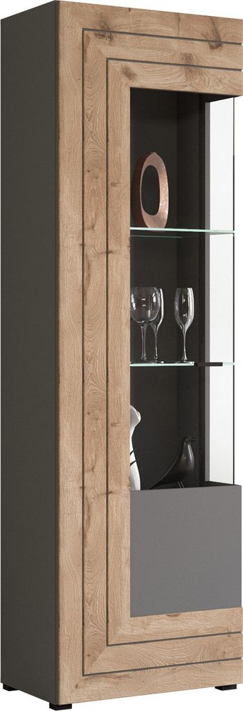 Vitrine Freno - Grau / Nox Oak mit Glasbodenclips & Unterbauspots