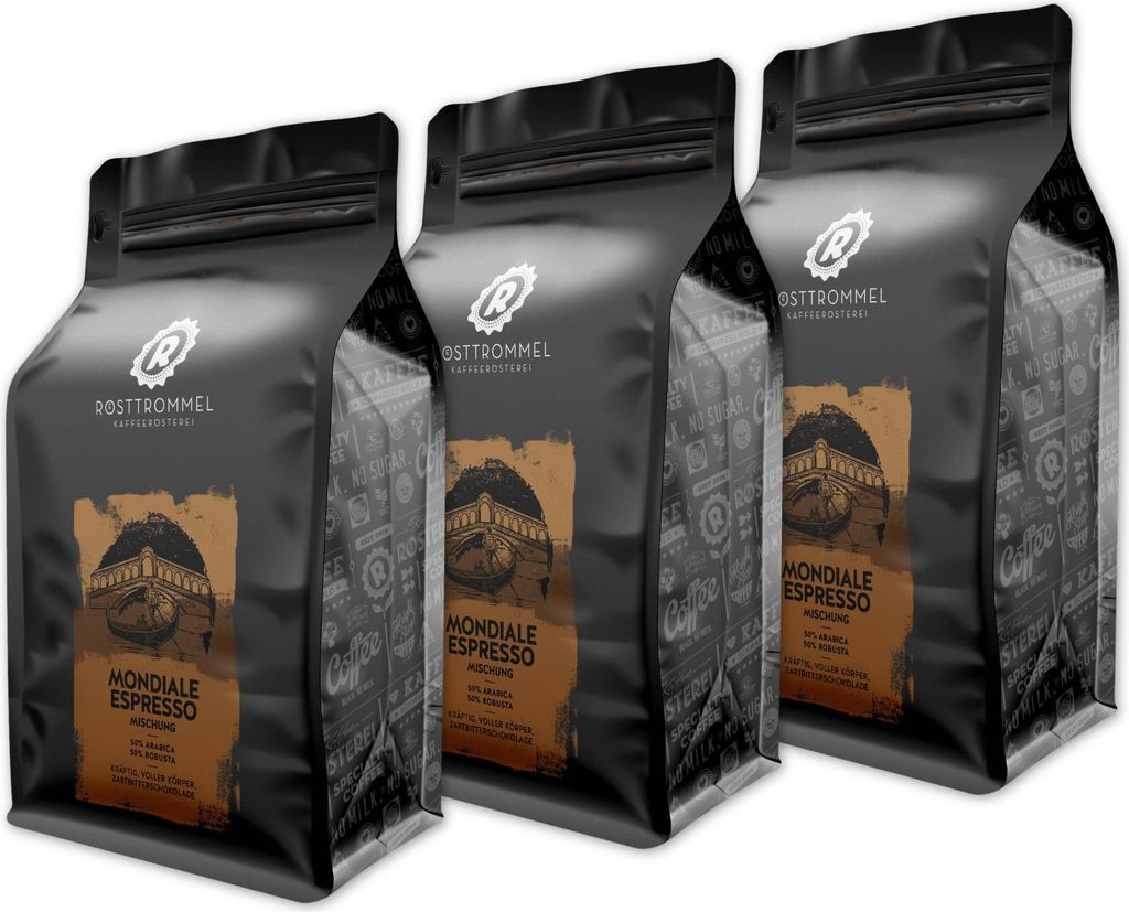 RÖSTTROMMEL Mondiale, ESPRESSO, Ganze Kaffee-Bohnen 3x1kg, 50% Arabica, 50% Robusta, Röstung 8/10, 50% Brasilien, 50% Indien, Geschmack: cremig -...