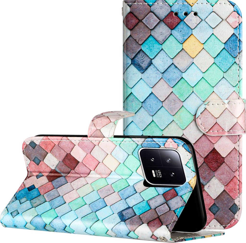 CLM-Tech Hülle kompatibel mit Xiaomi 13 Pro - Tasche aus Kunstleder - Klapphülle mit Ständer und Kartenfächern, bunt kariert