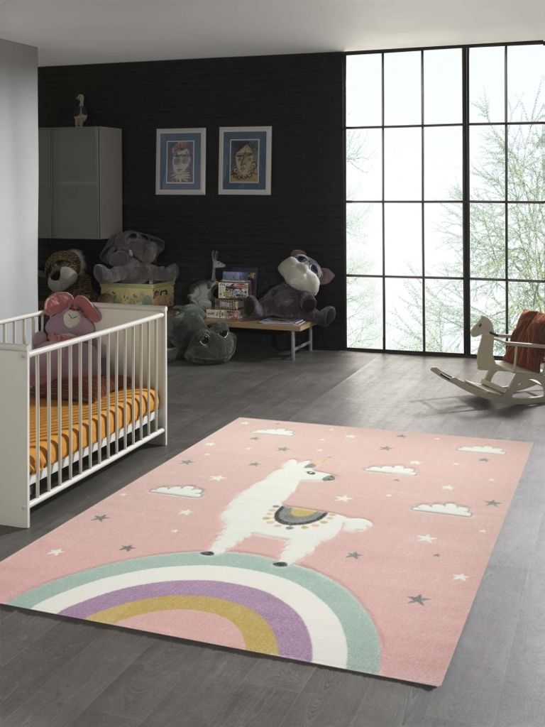Kinderteppich Lama Einhorn Wolken in Rosa Größe - 200 x 290 cm