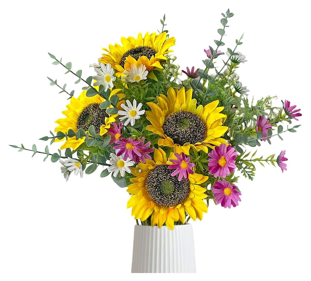 Künstliche Sonnenblume Blumenstrauß mit Eukalyptus und Gänseblümchen für Dekoration