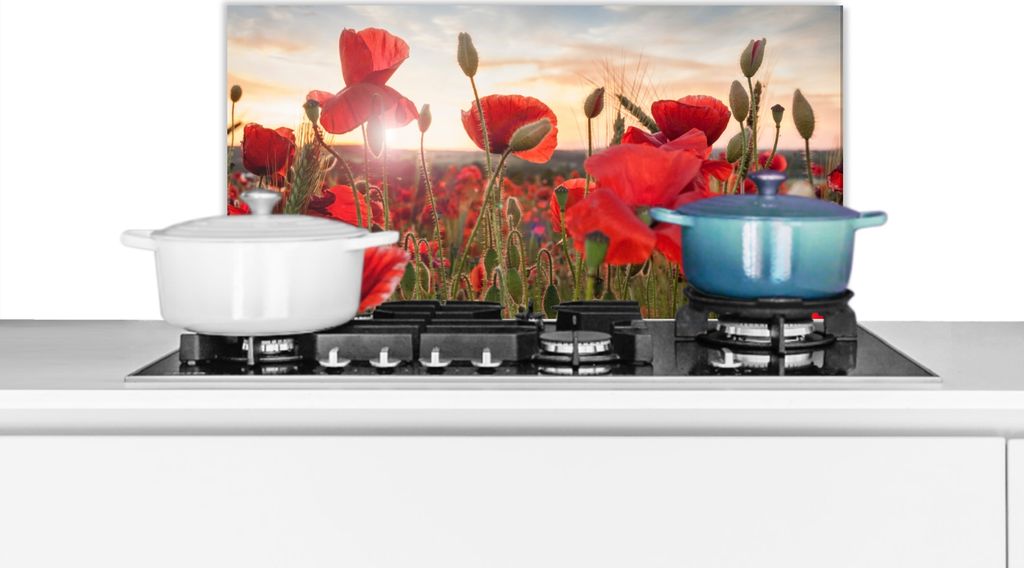 KitchenYeah Spritzschutz Küche - Küchenrückwand - Wandschutz für Herd und Spüle - Sonnenuntergang hinter den schönen Mohnblumen 60x30 - Al...