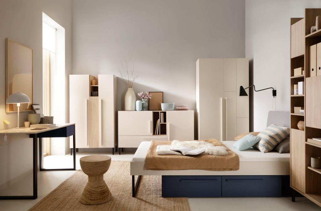 Schlafzimmer-Set – 6-teilig – SERGIO System – Kleiderschrank, 2× Regalschrank, Kommode, Schreibtisch & Bett – Kaschmir – ohne Matratze