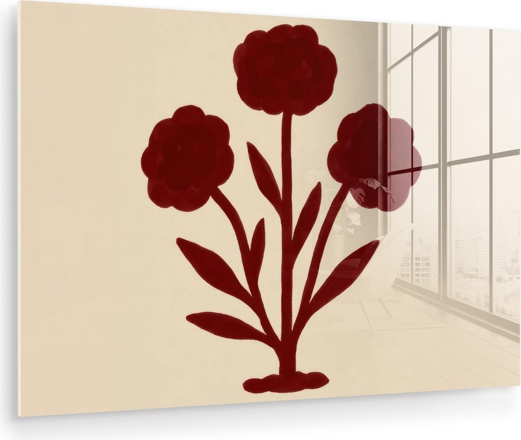 MuchoWow Glasbilder - Bilder auf Wandbild - Foto auf Glas Blumen - Blätter - Rot - Minimalistisch 60x40 cm Wanddekoration aus Glas - Acrylglasbild...