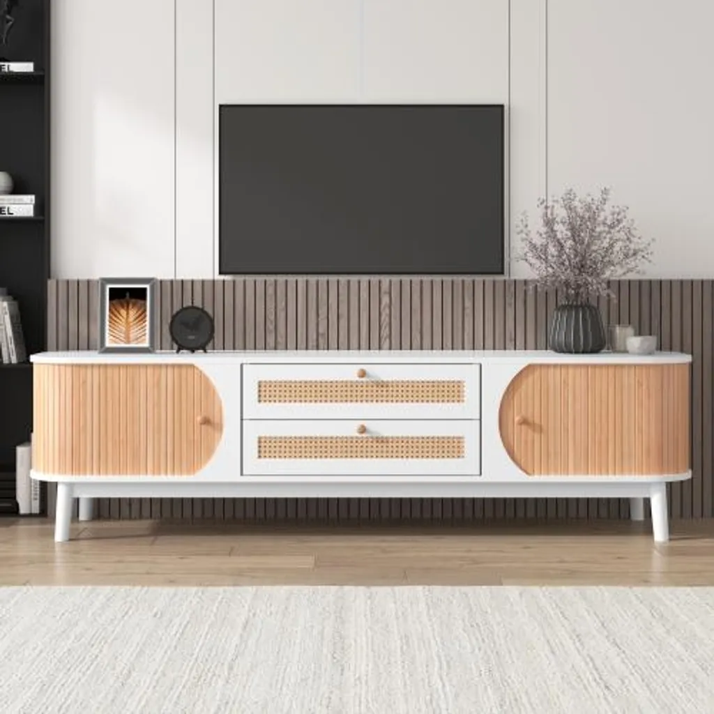 Meuble TV Longueur 170 cm Style Rustique avec Tiroirs en Rotin Tressé