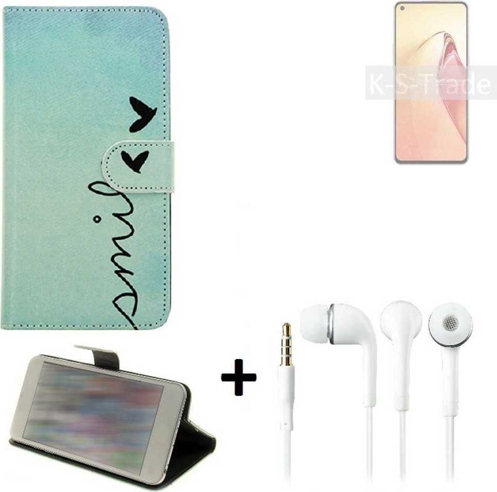 K-S-Trade Schutz Hülle Handy Hülle kompatibel mit Oppo Reno8 Pro 360° Wallet Case Schutz Hülle ''smile'' inkl. Ohrstöpsel Smartphone cover