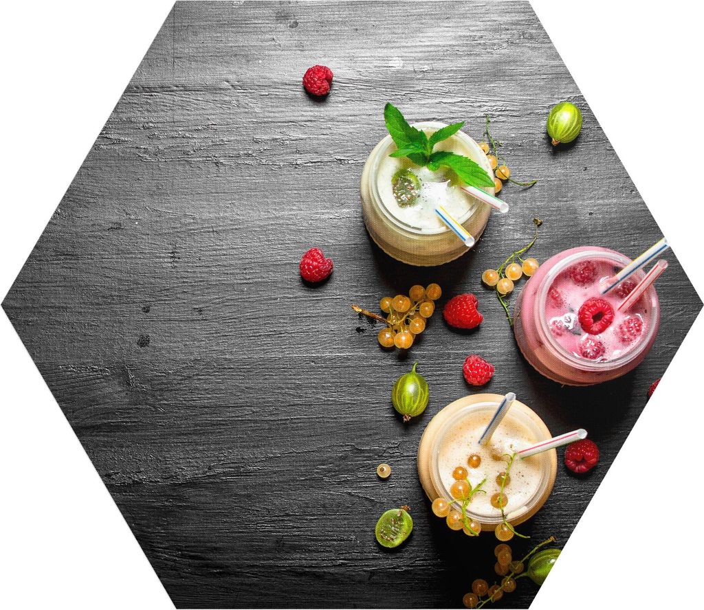 DEQORI Fototapete Sechseck 55x47,6 cm 'Smoothies auf Schiefer' Wand Tapete Sticker
