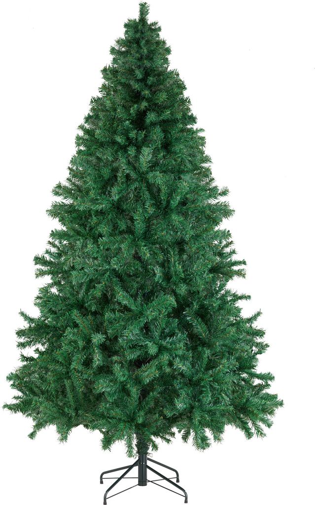 A green artificial Christmas tree on a white background.