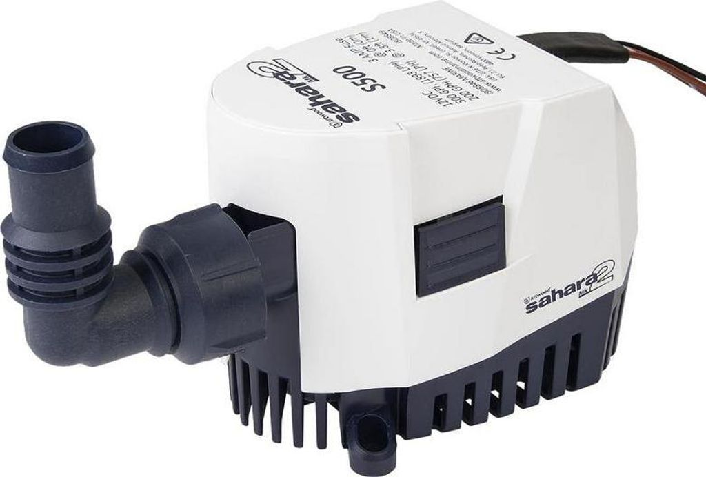 A white and dark gray automatic bilge pump with a black elbow fitting and hose adapter.