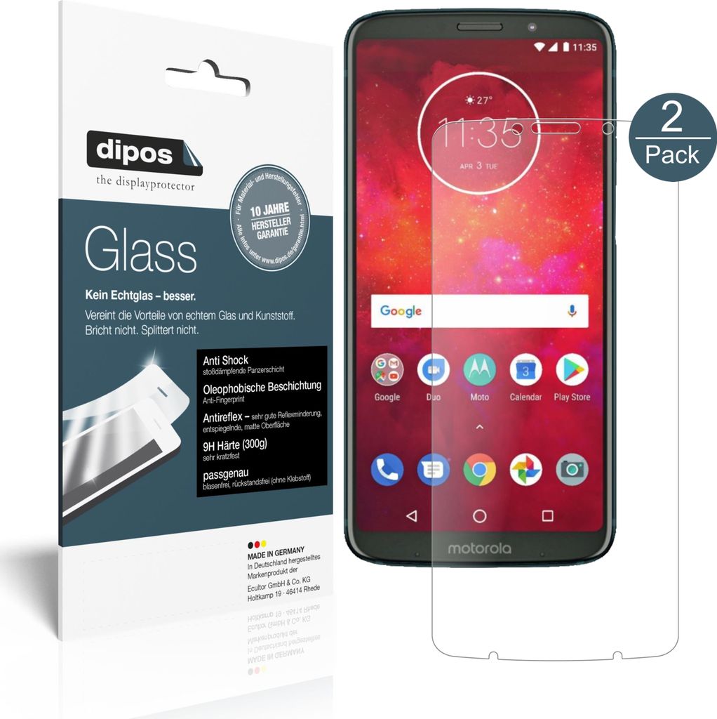 2x Schutzfolie für Motorola Moto Z3 Play matt - Anti-Shock 9H Folie dipos Glass