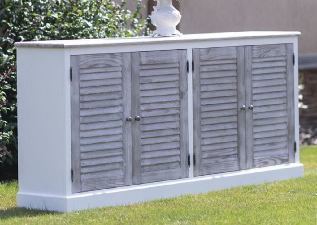 Casa Padrino Landhausstil Sideboard Weiß / Grau 209 x 37 x H. 90 cm - Massivholz Schrank mit 4 Türen - Massivholz Möbel - Esszimmer Möbel - Lan...