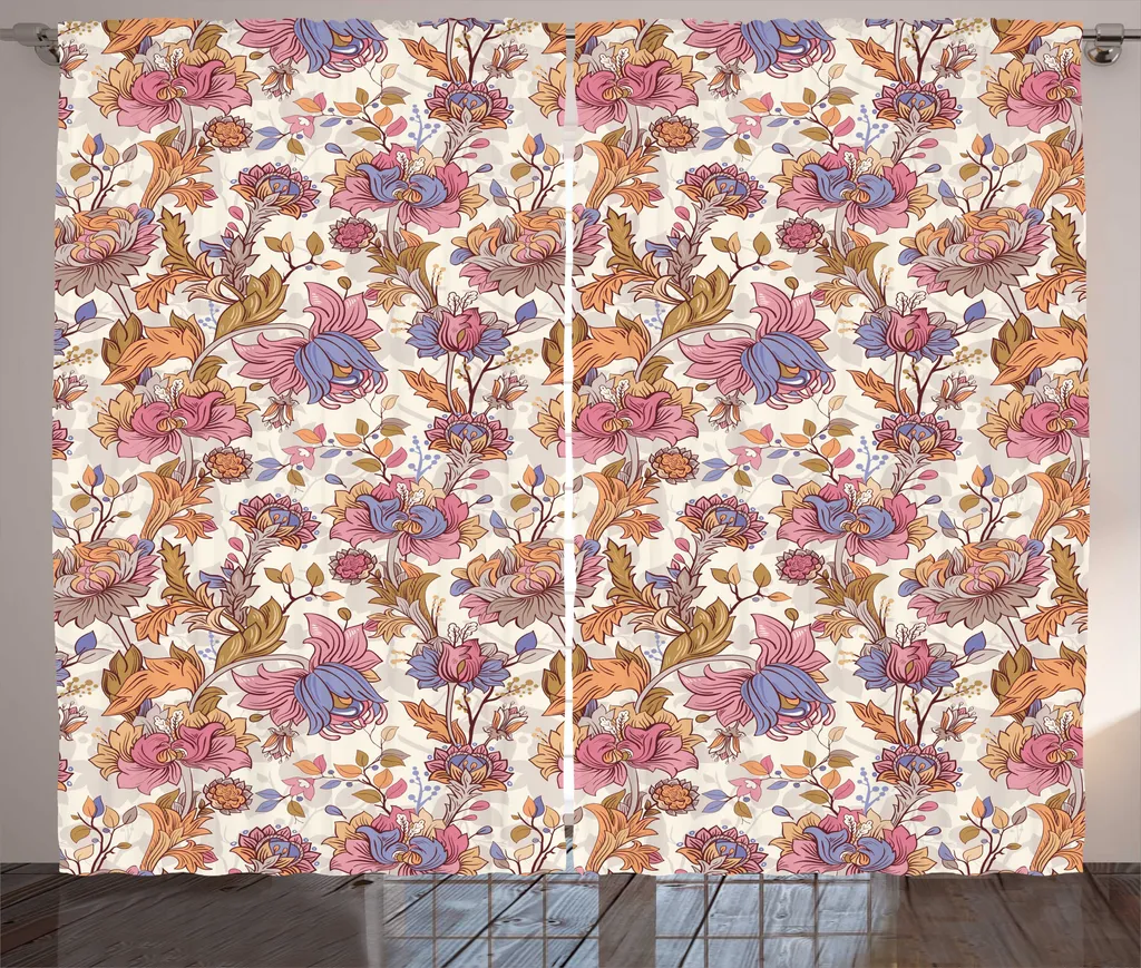 Grand Rideau Floral 280x225 cm Tissu Jacquard avec Boucles et Crochets Kit