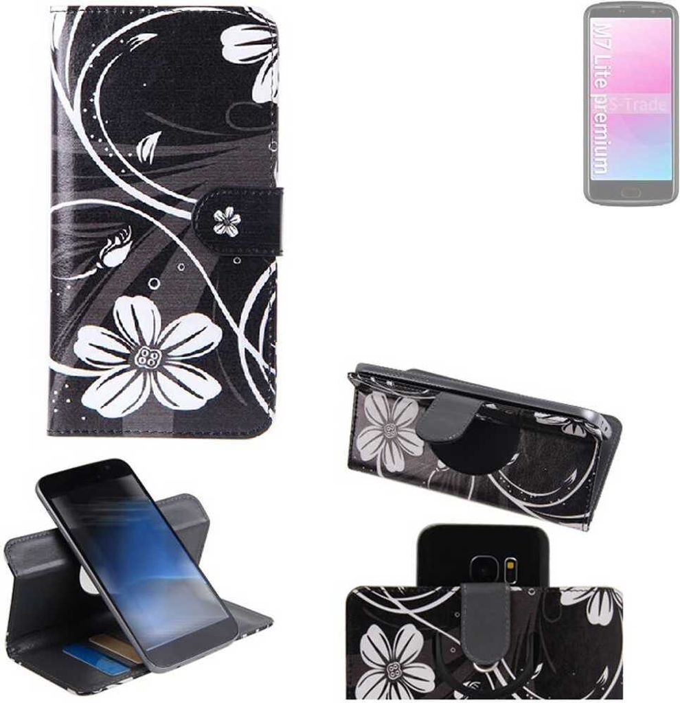 K-S-Trade Schutzhülle Handyhülle kompatibel mit Bea-fon M7 Lite premium Hülle 360° Wallet Case “Flowers“ Klapphülle Hülle schwarz-weiß 1x