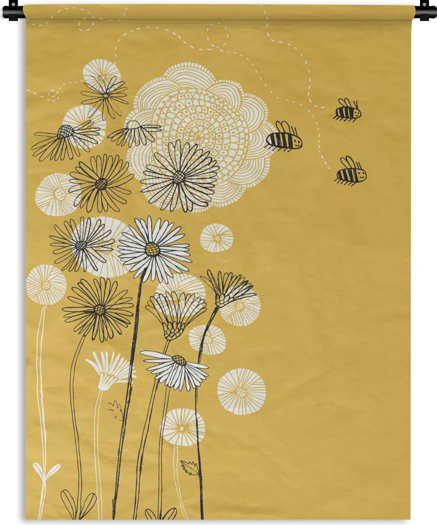 MuchoWow Wandteppich Wandbehang Illustration von Blumen und Bienen 60x80 cm Tapisserie Dekoration Wandtuch - Decke - Wandtücher - Wohne