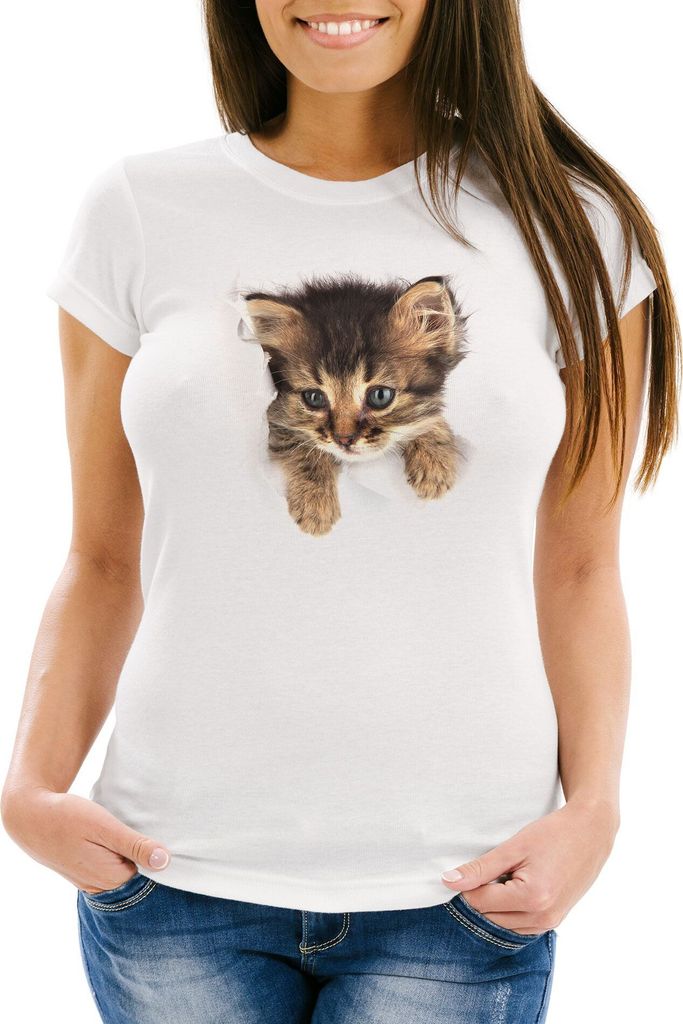 Damen T-Shirt Katze Katzenmotiv Katzenbaby Tiermotiv Slim Fit Moonworks weiß XS